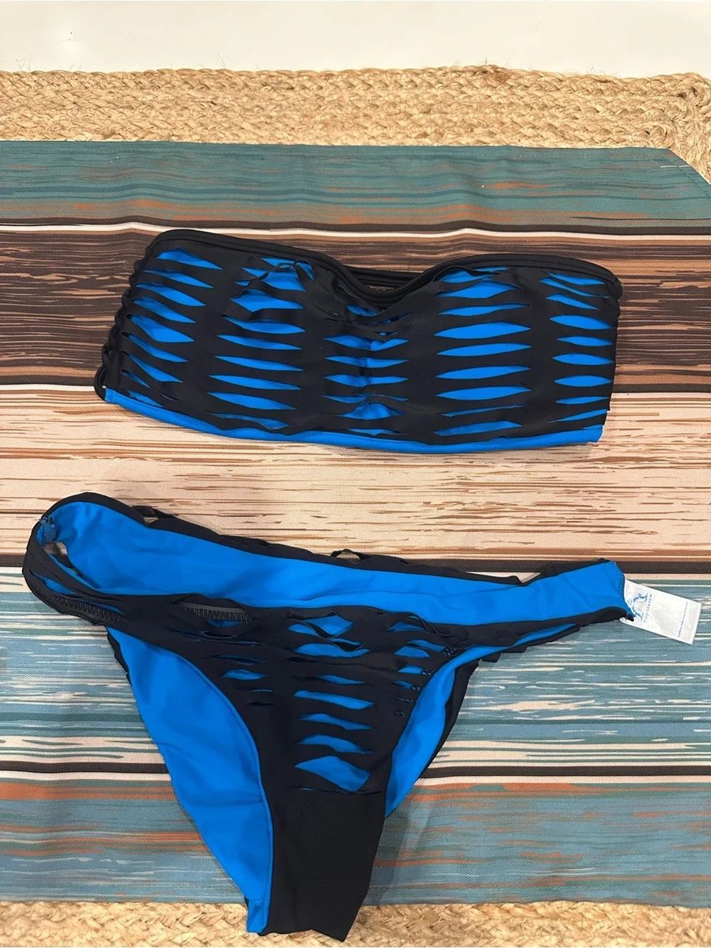 Blue & Black Medium Strapless Padded Cutout Bandeau Bikini Set